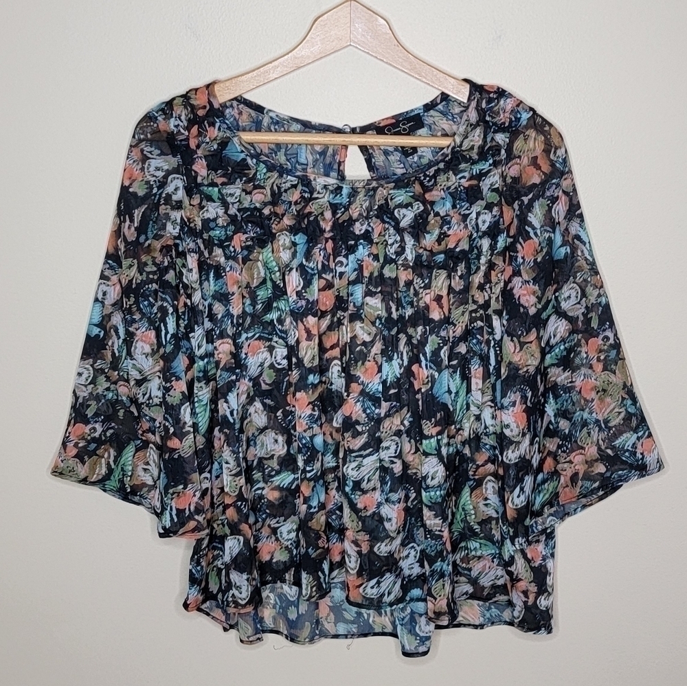 Jessica Simpson Dark Floral Semi-Sheer Blouse with Pintuck Detail Size XS
